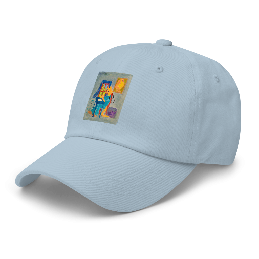 Charlie doing cat scan report (Dad hat)